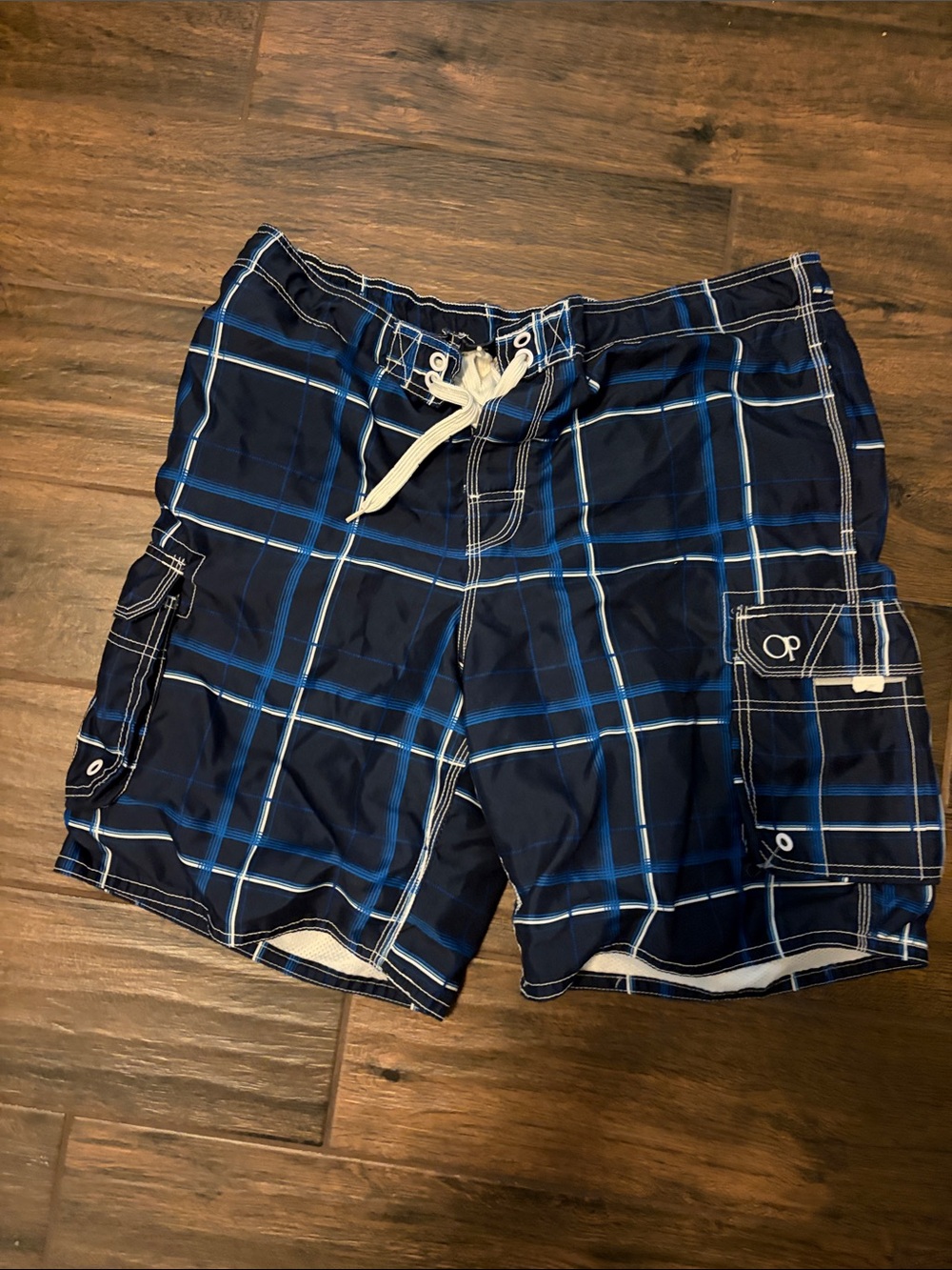 OP Men's Navy and Blue Plaid Swim Board Shorts